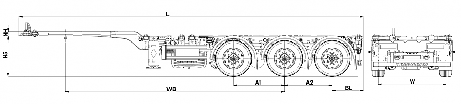 Многофункциональное контейнерное шасси  K&Auml;SSBOHRER SHG.AVMH с передним, средним и задним раздвижением